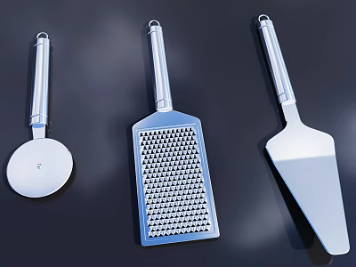 Stainless Steel Kitchen Tools With Long Handle Grater Spatula And Round Pizza Cutter 3d model