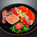 Delicious Steak Plate with Red Sauce Lettuce Tomato Avocado and Cheese Crumbles