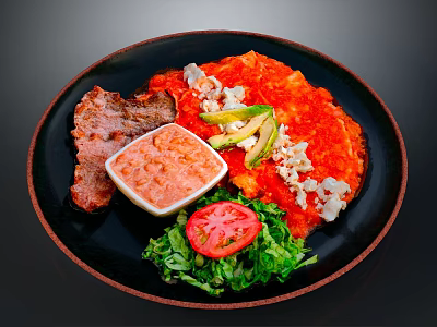Delicious Steak Plate with Red Sauce Lettuce Tomato Avocado and Cheese Crumbles 3d model