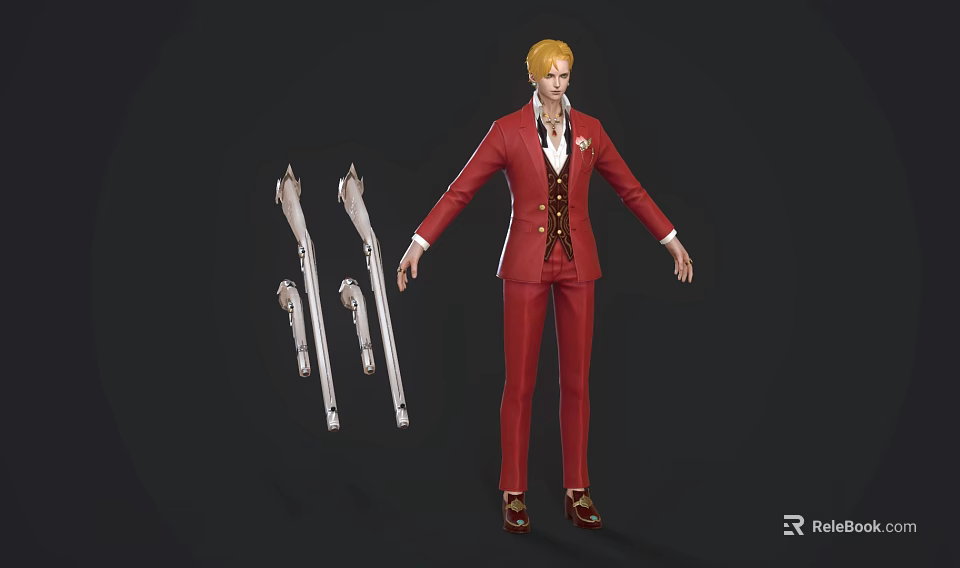 Game and Movie Character 3D Render with Blonde Hair in Red Suit and Silver Weapons 3d model 