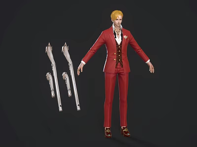 Game and Movie Character 3D Render with Blonde Hair in Red Suit and Silver Weapons 3d model