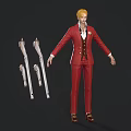 Game and Movie Character 3D Render with Blonde Hair in Red Suit and Silver Weapons