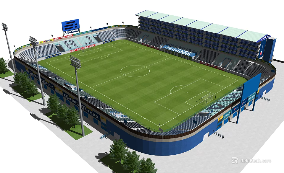 Modern Soccer Stadium With Green Turf Seats Blue Stands Roof And Trees 3d model 