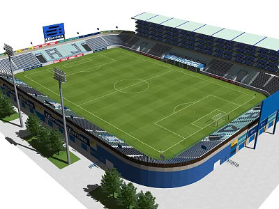 Modern Soccer Stadium With Green Turf Seats Blue Stands Roof And Trees 3d model