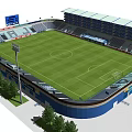 Modern Soccer Stadium With Green Turf Seats Blue Stands Roof And Trees
