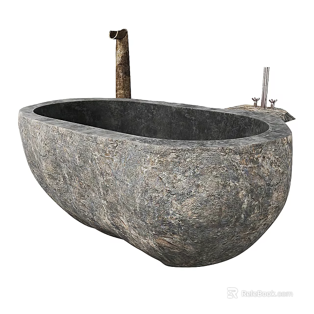 Natural Textured Stone Bathtub With Wooden Support And Metal Faucet 3d model 