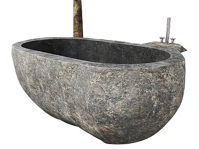 Natural Textured Stone Bathtub With Wooden Support And Metal Faucet 3d model