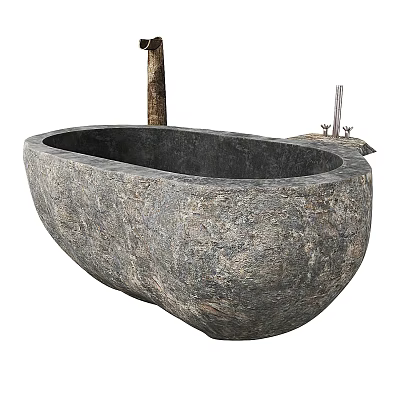 Natural Textured Stone Bathtub With Wooden Support And Metal Faucet 3d model