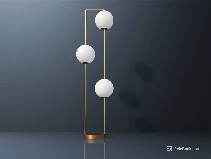 Modern Floor Lamp With Sleek Golden Vertical Pole And Three White Spherical Shades 3d model 