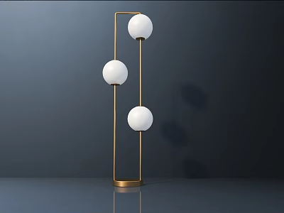 Modern Floor Lamp With Sleek Golden Vertical Pole And Three White Spherical Shades 3d model