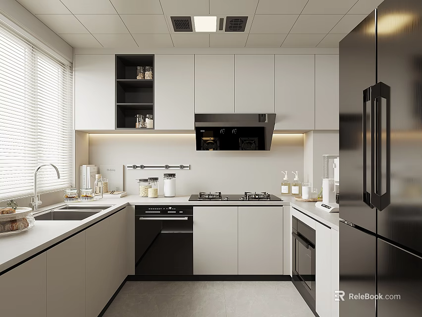 Modern Kitchen Interior With White Cabinets Black Appliances And Window Blinds 3d model