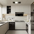 Modern Kitchen Interior With White Cabinets Black Appliances And Window Blinds 3d model