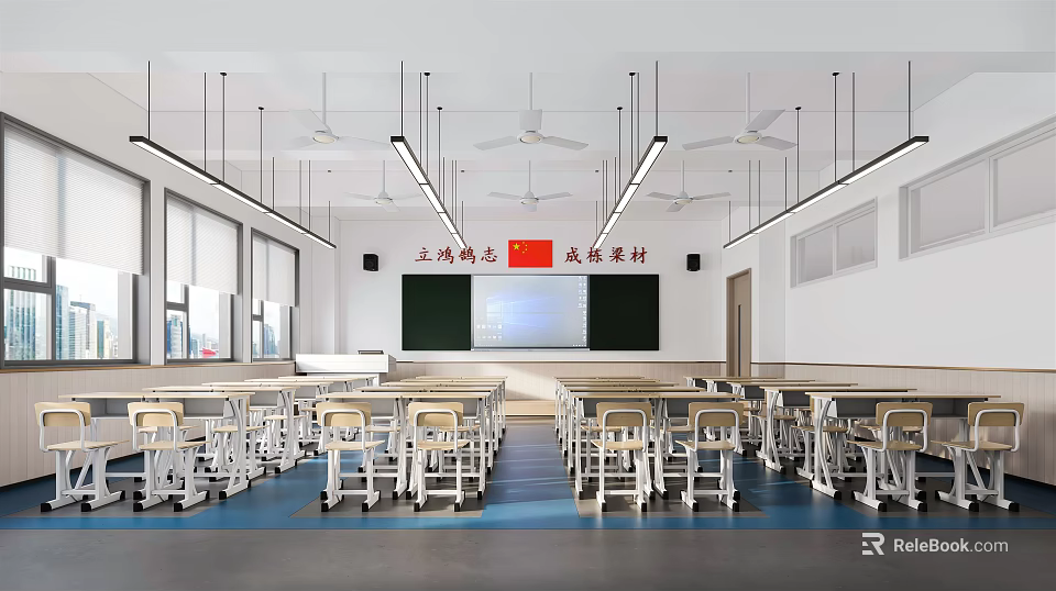 Spacious School Classroom with Desks Chairs Blackboard Ceiling Fans and Windows 3d model