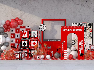 Princess Theme Party Decor With Red Black Aesthetics Balloons And Card Elements 3d model