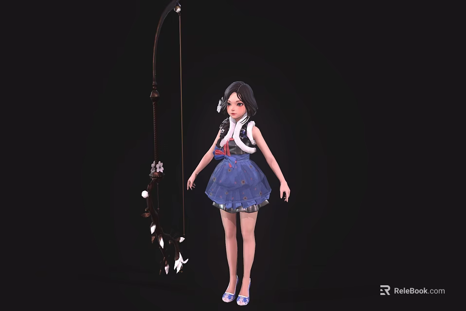 Elegant Woman in Blue Dress with Long Black Hair Standing Next to Longbow and Blue Shoes 3d model 