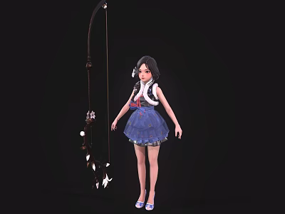 Elegant Woman in Blue Dress with Long Black Hair Standing Next to Longbow and Blue Shoes 3d model