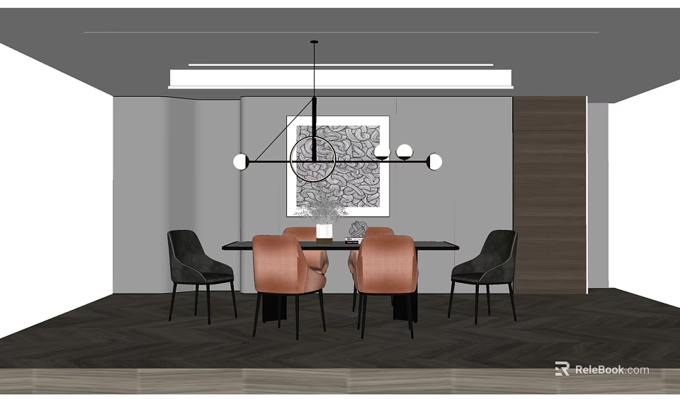 Modern Dining Table Set with Chairs Chandelier and Decorative Painting 3d model