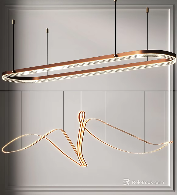 Modern Long Rectangular Metal Frame Chandelier Featuring Warm Light And Curved Ribbon Like Design 3d model