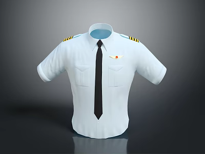 White Short Sleeve Pilot Shirt With Black Tie Yellow Striped Epaulets And Emblem 3d model