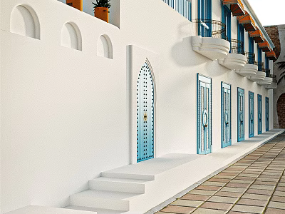 Traditional Boutique Guesthouse Exterior With White Walls Arched Windows Blue Doors Stone Steps And Brick Pathway 3d model