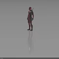 Deadpool Superhero In Red And Black Costume With Armor And Weapons Full Body View