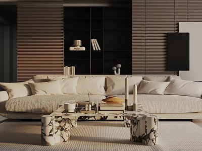 Modern Beige Three Seater Sofa With Cozy Pillows And Marble Coffee Table In Living Room 3d model