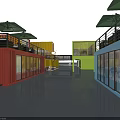 Colorful Container Buildings with Multiple Units Outdoor Seating Trees and Creative Commercial Space
