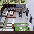 Modern Garden Landscape With Wooden Deck Stone Benches Square Table And Waterfall Feature
