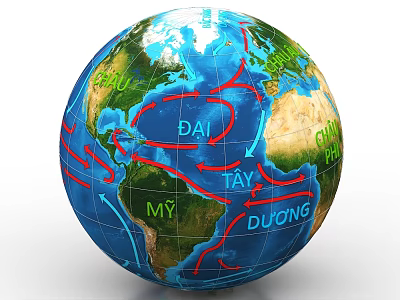 World Globe With Red And Blue Lines And Green Labeled Names 3d model
