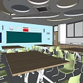 Modern School Classroom Interior With Wooden Tables Green Chairs Photo Poster Wall And Large Windows