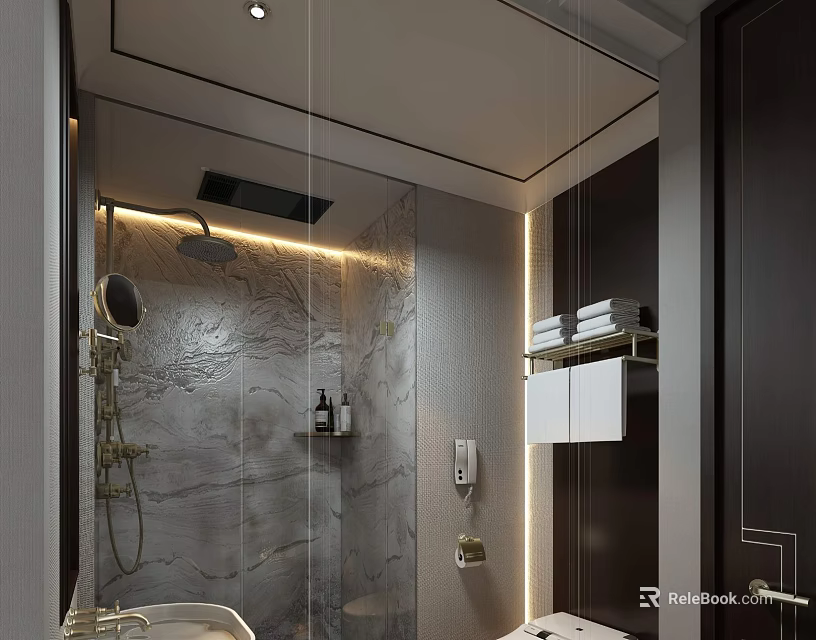 Modern Hotel Bathroom Interior With Glass Shower Stone Wall Vanity And Ambient Lighting 3d model 
