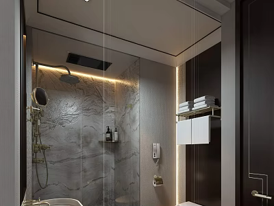 Modern Hotel Bathroom Interior With Glass Shower Stone Wall Vanity And Ambient Lighting 3d model