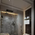 Modern Hotel Bathroom Interior With Glass Shower Stone Wall Vanity And Ambient Lighting