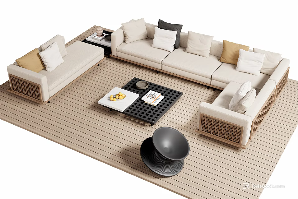 Modern Beige Sofa And Black Coffee Table Set With Rattan Accents And Decorative Cushions 3d model 