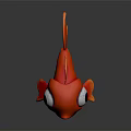 Cartoon Red Goldfish Character with Big Eyes Orange Fins Tail 3D Model on Gray Surface