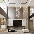 Modern Duplex Living Room With High Ceiling Large Windows Sofa Coffee Table And TV Wall