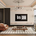 Elegant Living and Dining Room Interior Featuring Black Leather Sofa Coffee Table Chandelier Decorative Paintings