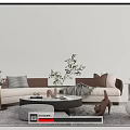 Modern Sofa and Coffee Table Set Featuring White Brown Cushions Round Table and Decorative Plants 3d model