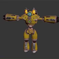 Yellow And Silver Game Movie Robot Character With Glowing Blue Green Lights And Mechanical Arms