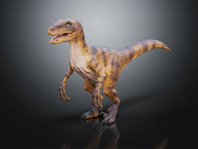 Realistic Velociraptor Dinosaur 3D Rendering With Brown Yellow Stripes And Open Mouth 3d model