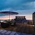 Cozy Roof Garden with Wooden Deck Outdoor Furniture Umbrella Green Plants and Sunset View