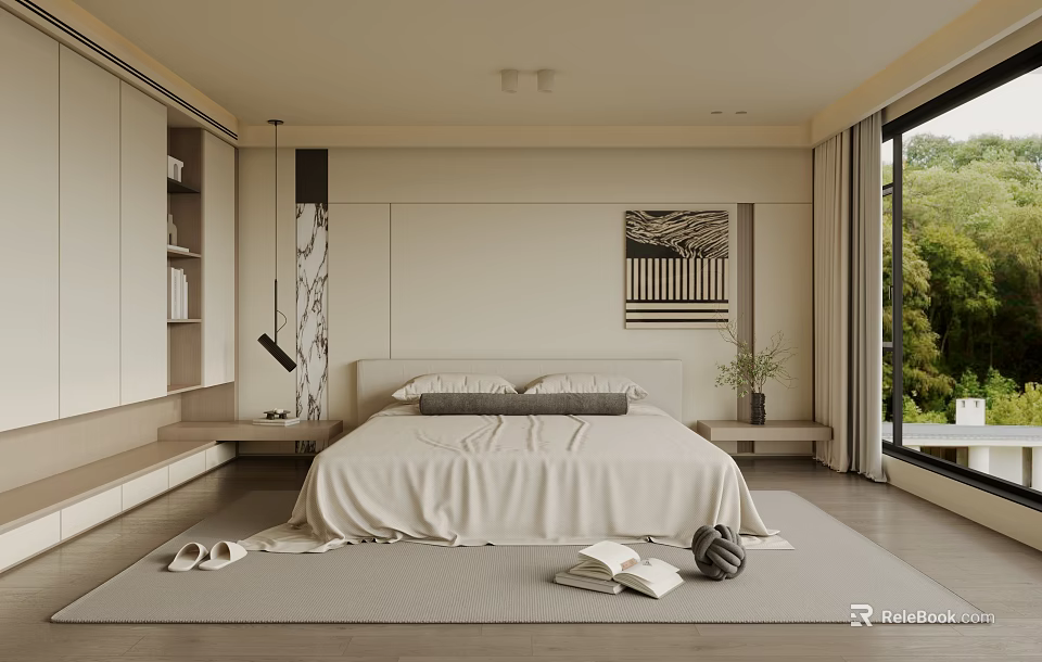 Modern Bedroom Interior Featuring White Bed Light Bedding Floor To Ceiling Window And Green Plants 3d model 