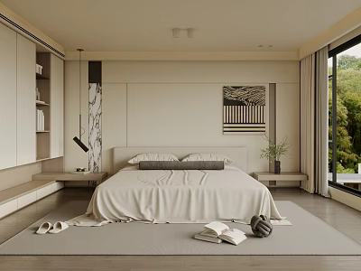 Modern Bedroom Interior Featuring White Bed Light Bedding Floor To Ceiling Window And Green Plants 3d model