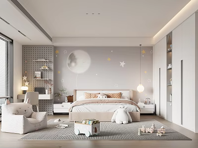 Modern Kids Bedroom With Moon Star Wall And Plush Toys 3d model