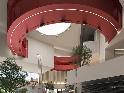 Modern Hotel Lobby Featuring Red Curved Structure With White Lighting Circular Skylight And Green Trees 3d model