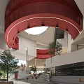 Modern Hotel Lobby Featuring Red Curved Structure With White Lighting Circular Skylight And Green Trees
