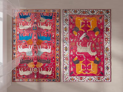 Colorful Decorative Rugs Featuring Animal Patterns And Vibrant Designs On Wall 3d model