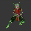 Traditional Japanese Samurai Swords Wielded by Warrior in Red Armor With Horned Helmet and Dual Blades