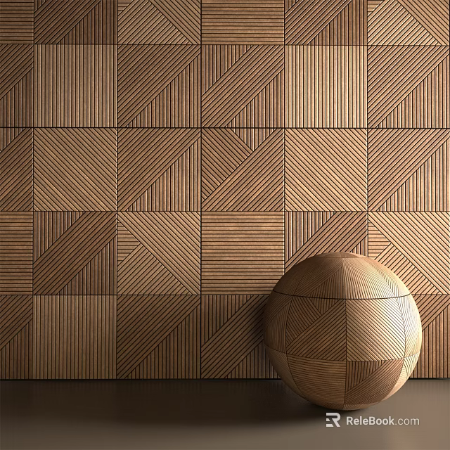 Wooden Background Wall Featuring Geometric Stripe Panels And Decorative Wooden Sphere 3d model 