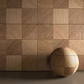 Wooden Background Wall Featuring Geometric Stripe Panels And Decorative Wooden Sphere